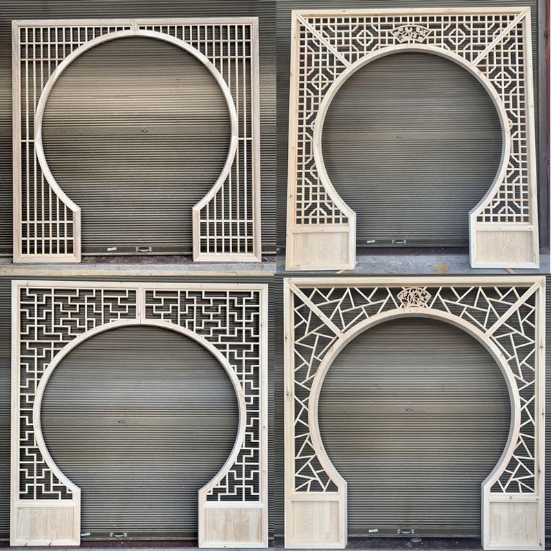 仿古实木花格镂空中式圆拱门月洞门客厅隔断月亮门背景墙博古架