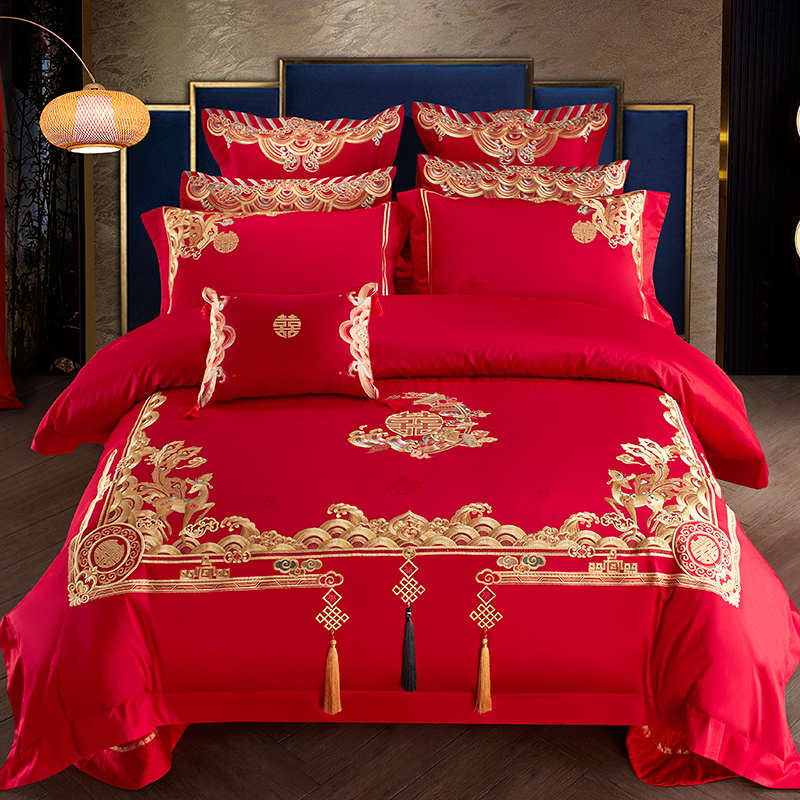 六十床上用品刺绣结婚140s全庆支喜件套大红色棉婚房四件套婚被子