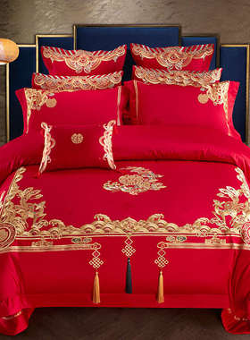六十床上用品刺绣结婚140s全庆支喜件套大红色棉婚房四件套婚被子