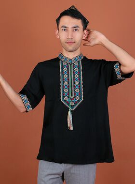 新疆民族服装男士夏季款宽松w透气款棉绸服饰维吾尔族绣花挂穗衬