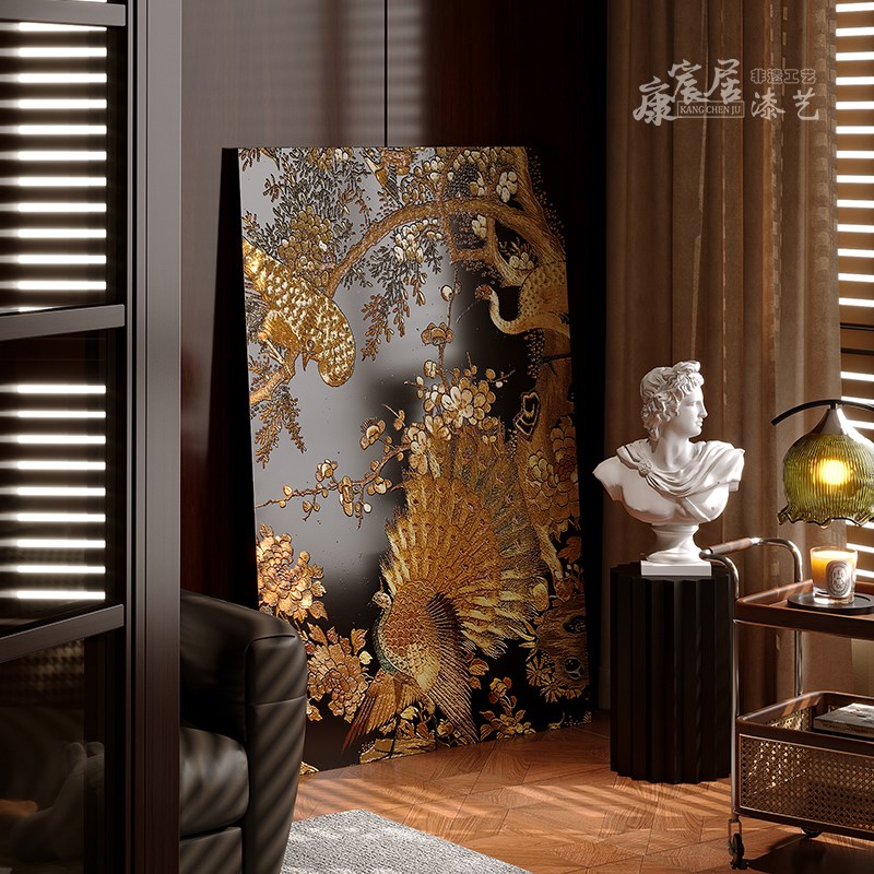 法式中国风实木漆画茶室客厅背景壁画卧室大漆摆画入户玄关装饰画