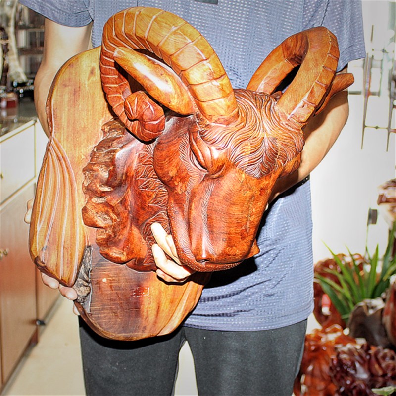 中式古典吉祥动物生肖羊根雕花梨木领头羊山羊木雕挂件红木工艺品