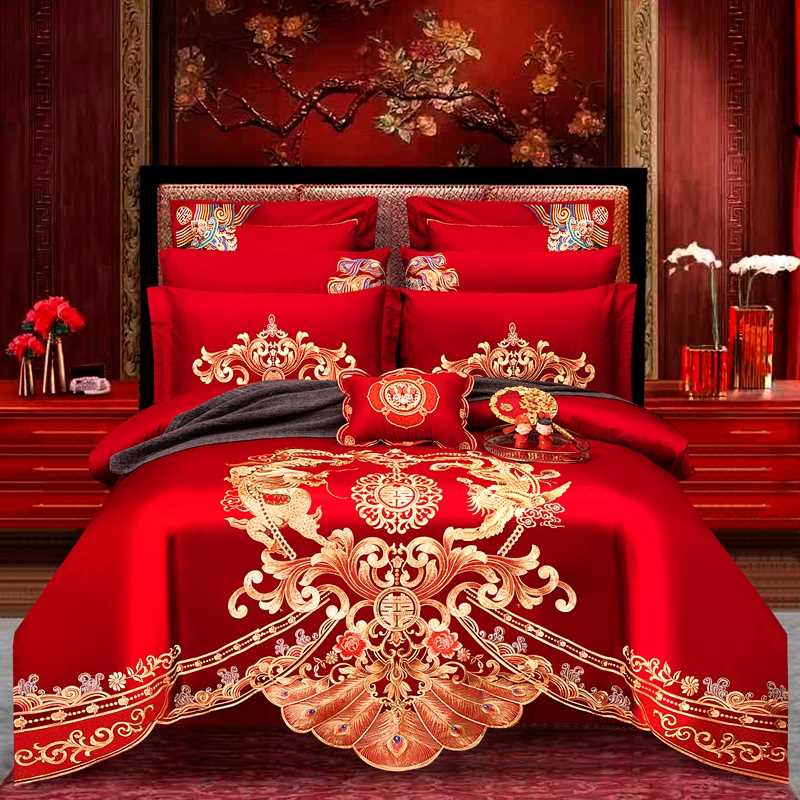 a婚庆大红色四件套刺绣结婚礼陪嫁妆被单喜庆新房龙