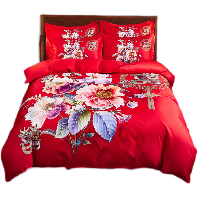 婚庆四件套全棉结婚大红床单被套被罩新婚中式4件套床上用品