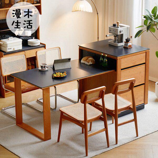 漫木生活岛台餐桌一体实木樱桃木家用可伸缩小户型北欧日式岩板