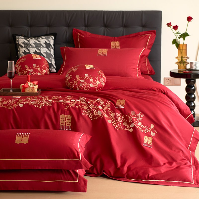 浪漫婚庆全棉床单四件套红色100支大红刺绣婚嫁被套床上用品陪嫁