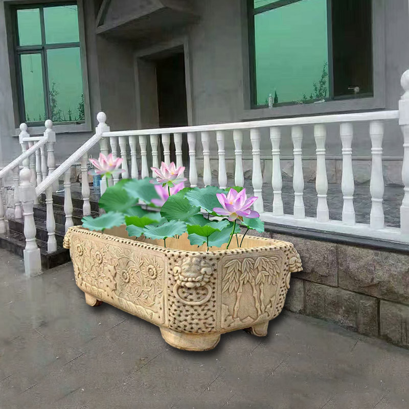 石雕仿古鱼缸老石槽花盆汉白玉做旧长槽花盆石水缸庭院别墅摆件