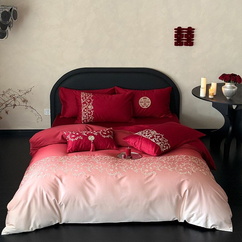 微醺渐变提花结婚四件套100S长绒棉全棉纯棉婚庆高档喜被床上用品
