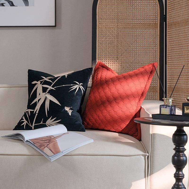 新中式绒布刺绣竹子客厅沙发靠枕抱枕套靠垫抱R枕覆古家用名宿靠