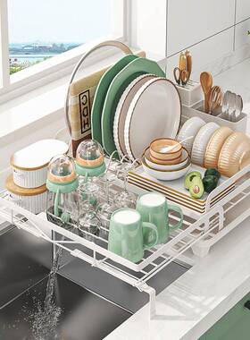 厨房碗碟沥水槽架台面多功能碗筷餐具置篮水可伸缩放ZQJ碗物盘收