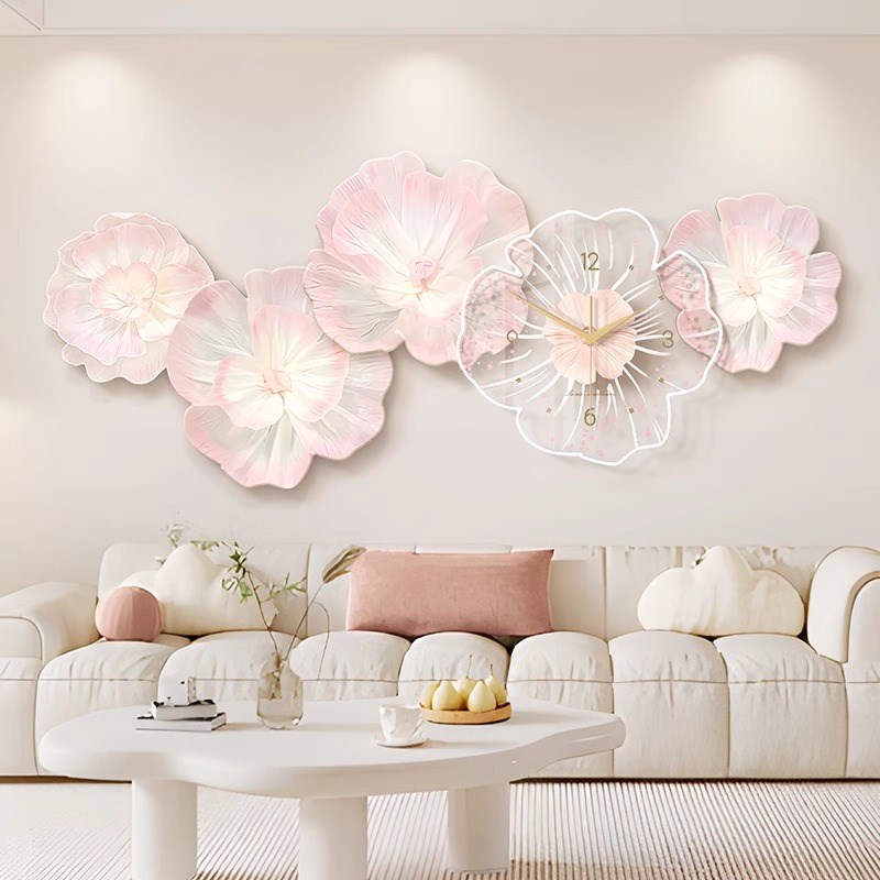 奶油牡丹花客厅沙发背景墙装x饰画高级感钟表挂钟餐厅壁画艺术挂