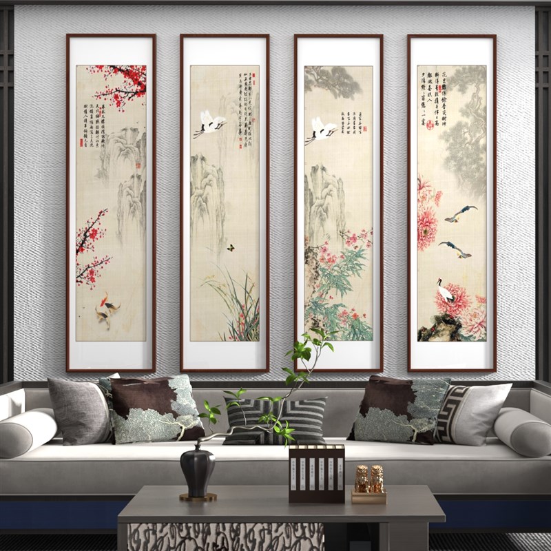 梅兰竹菊四联 新中式客r厅沙发装饰画茶室挂画民宿酒店四条屏壁画