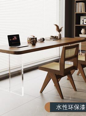亚克长悬浮实木双人书桌学生靠墙条学桌窄款卧室家用习电85240力