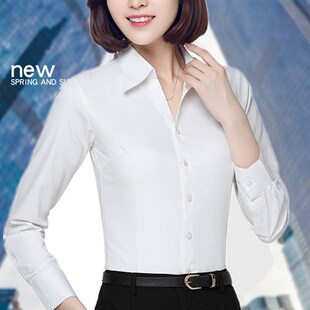 女士衬衣长袖职业装显瘦V领x正装宽松大码工作服韩版女白色衬衫