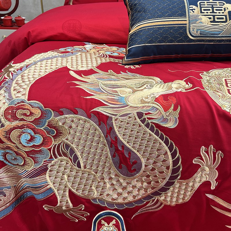 高端140支匹马棉四件套100全棉婚庆龙凤刺绣被套纯棉中式新婚床品