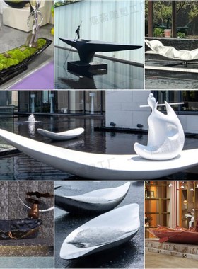 户外大型不锈钢抽象小船雕塑售楼部水池水景观船金属装饰摆件定制