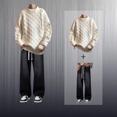 毛衣男生套装潮男帅气搭配宽松牛C仔裤学生一套秋冬休闲潮流两件