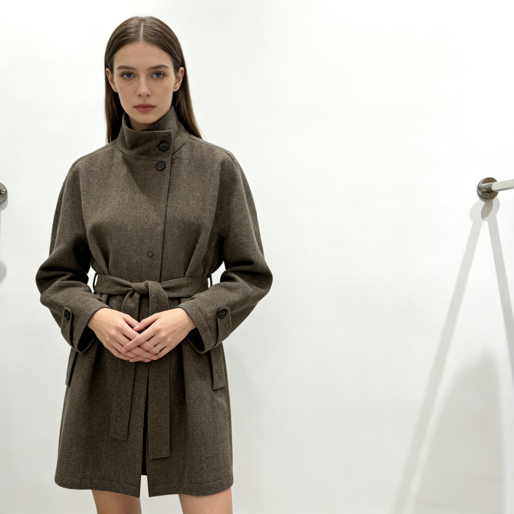 【1-24】9593极简风高领毛呢外套女中长款收腰束带大衣高级感小个,女装/女士精品,毛呢外套,淘宝优惠券,粉丝福利购,淘宝优惠卷