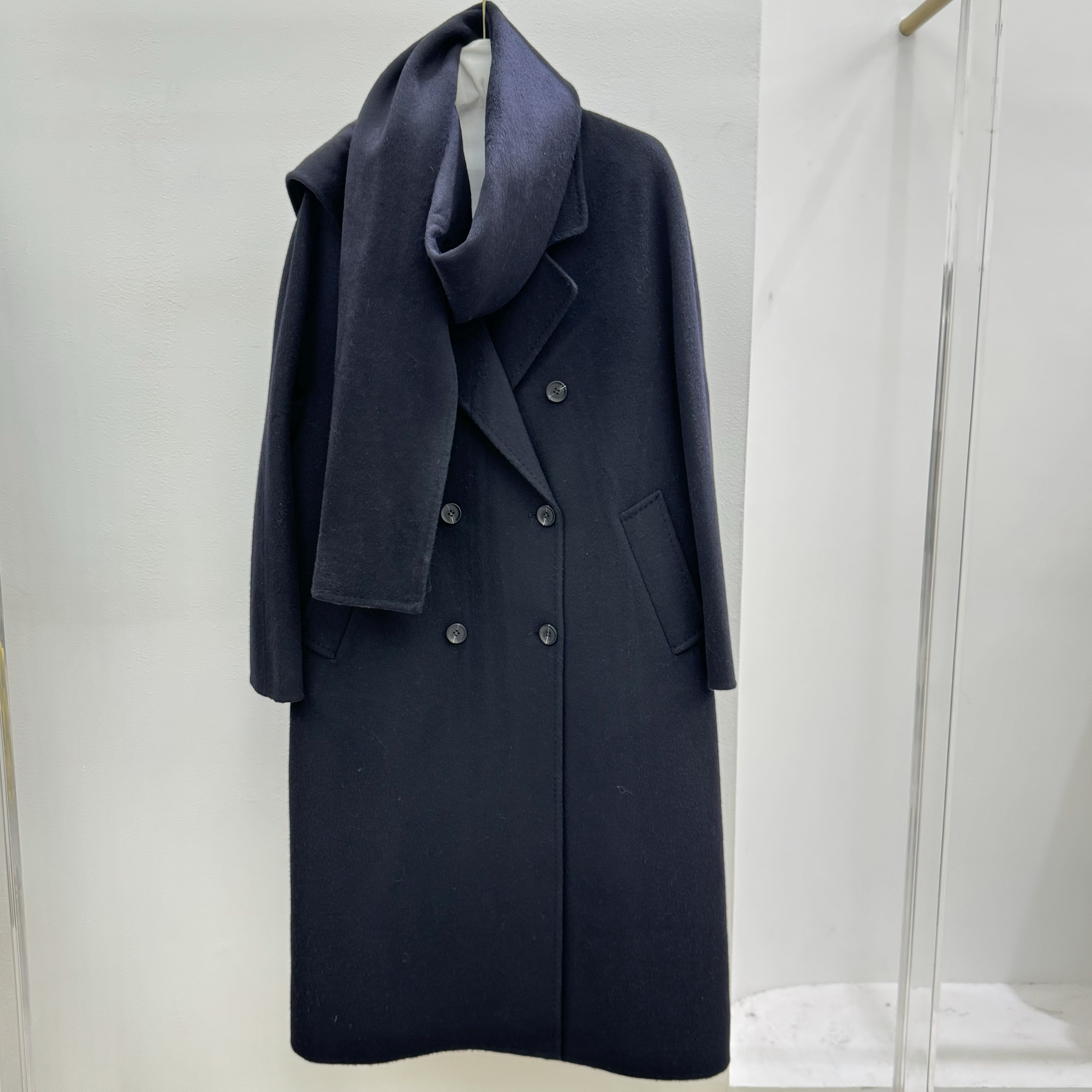 【1-24】9010—1轻奢极简风围巾领双排扣长款羊毛大衣女藏青色毛,女装/女士精品,毛呢外套,淘宝优惠券,粉丝福利购,淘宝优惠卷