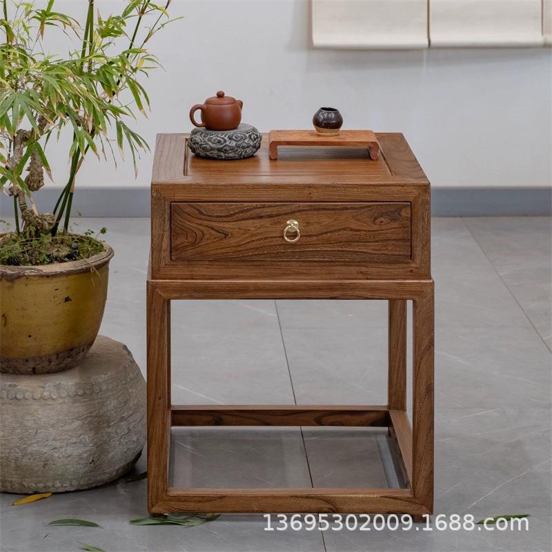 老榆木小边几袋抽屉简约可移动茶台床头客厅中式茶桌小型烧水茶台