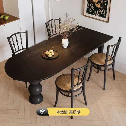 法式复古实木餐桌半圆形家用小户型黑色创意饭桌客厅餐桌书桌两用
