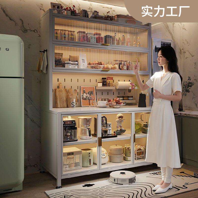 厨房家用钢制餐边柜落地靠墙储物碗柜多层多功能对开防尘收纳柜子