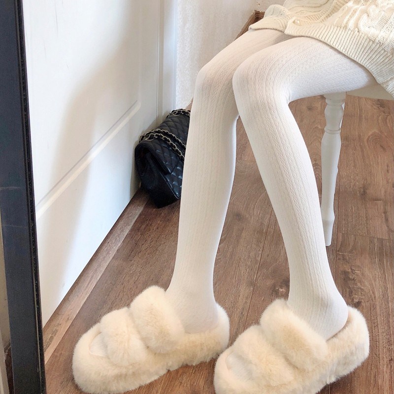 秋冬加厚白色打底袜女加绒米白色麻花竖条纹连裤袜日系jk奶白裤袜