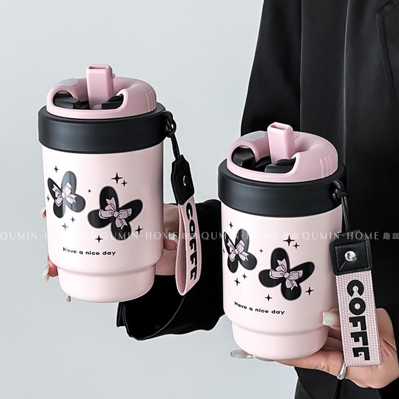 趣皿高颜值保温杯咖啡杯女生x办公室水杯便携可爱吸管杯手提双饮