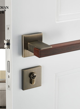 门锁室内金青古木纹灰色门把手新中式卧室家用磁吸静音分体房门锁