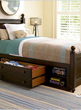 美式实木儿童床1.35米抽屉储物箱体床青少年男女孩单人床1.2m定制