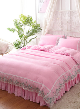 全棉水洗棉法式公主风蕾丝花边四件套床裙款1.5/1.8m床上用品
