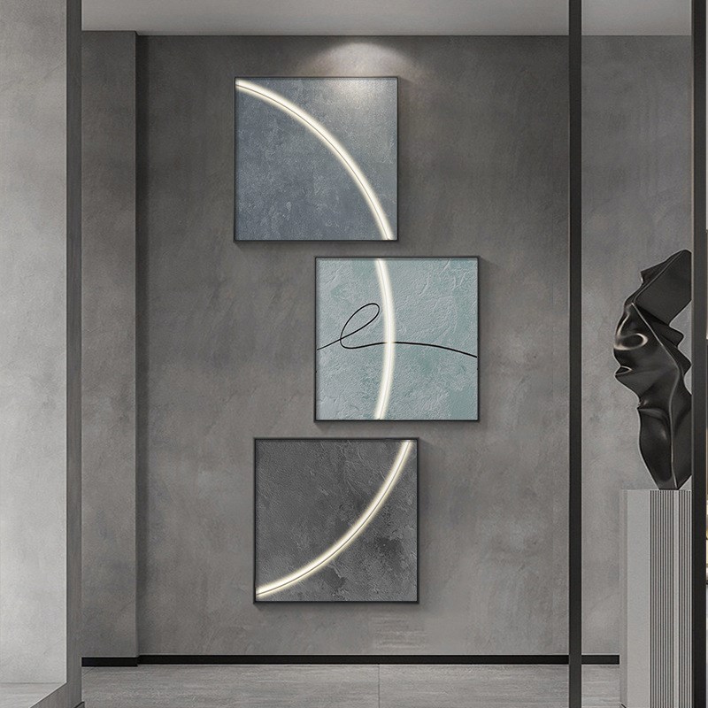 现代黑白灰玄幻装饰画发光客厅艺术挂画极简楼梯玄关画正方形壁画图片