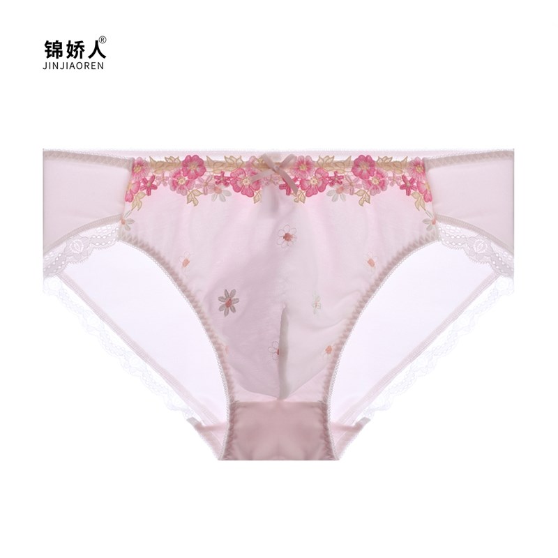 日系变装男士牛奶丝刺绣水溶花边中腰三角裤有内衬有囊袋