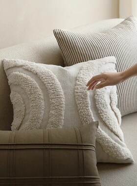 澜品侘寂风米白色立体绣抱枕组合民宿客厅沙发绿色靠枕样板间靠垫