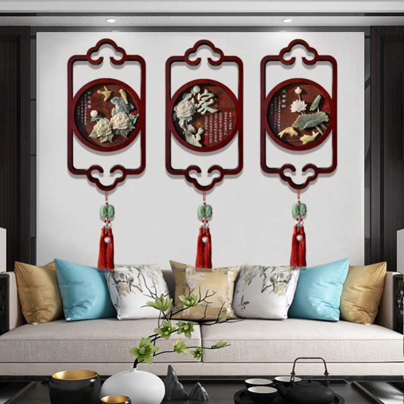 客厅装饰画新中式梅兰竹菊餐厅挂画沙发背景墙浮雕画墙壁玉雕画图片