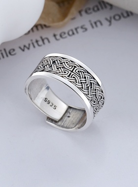 锦河畔 s925纯银复古做旧简约立体编织纹指环宽面男女款开口戒指