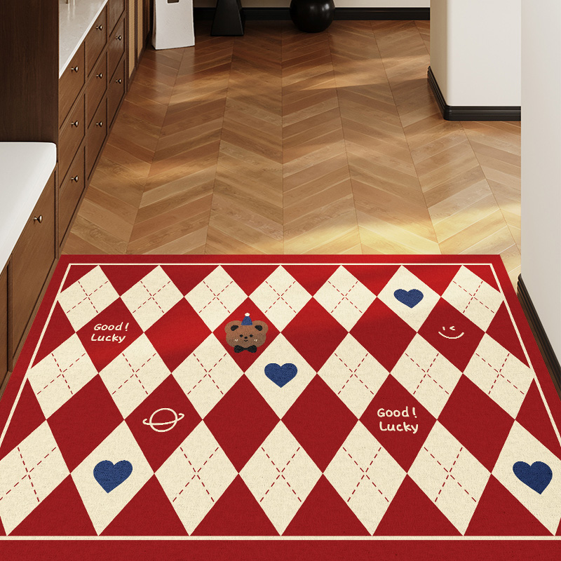 丝圈地垫入户门进门脚垫红色玄关门垫喜庆耐脏可裁剪格子地毯家用