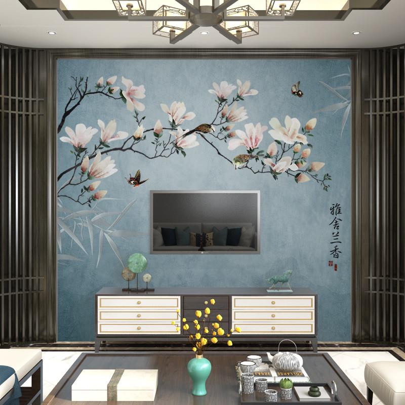 华琴新中式电视背景墙壁纸 影视墙墙布 客厅壁布卧室墙纸花鸟壁