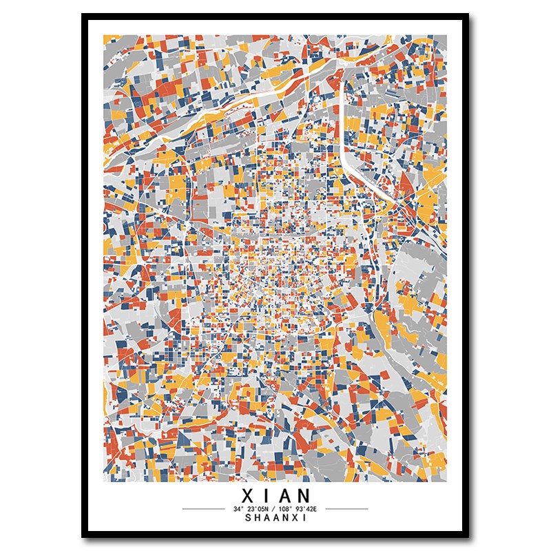 陕西西安现代色块艺术城市地图装饰画客厅沙发背景墙挂画餐厅壁画图片