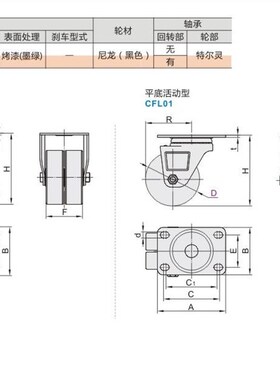 CFK01 CFL01-D75双轮低重心脚轮D50/DK63/D40定向轮万向轮尼龙怡