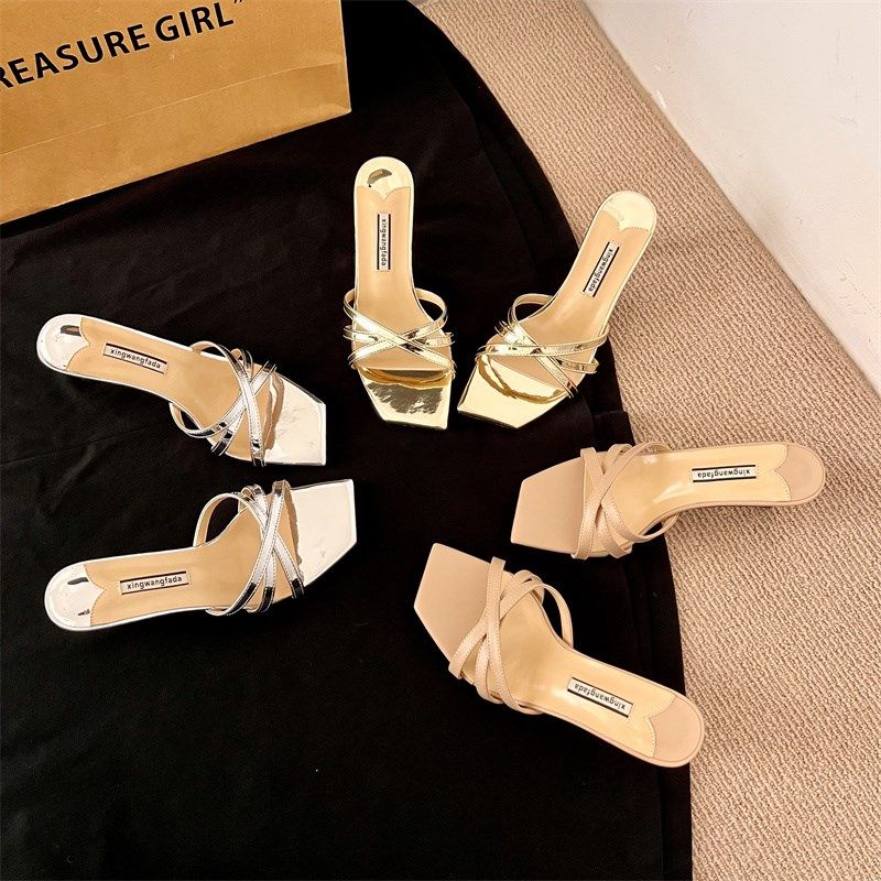 细跟银色凉鞋女外穿2025新款交叉细带中跟方头露趾凉拖鞋高跟鞋夏,女鞋,一字拖,淘宝优惠券,粉丝福利购,淘宝优惠卷