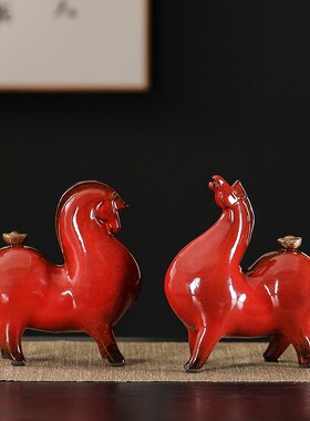 陶瓷马上有钱摆件中式招财生肖马客厅博古架酒柜S红色小唐马装饰