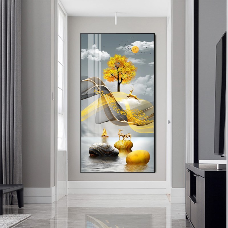 入户玄关装饰画客厅现代立体镶钻晶瓷画抽象鹿壁画走廊过道挂画图片
