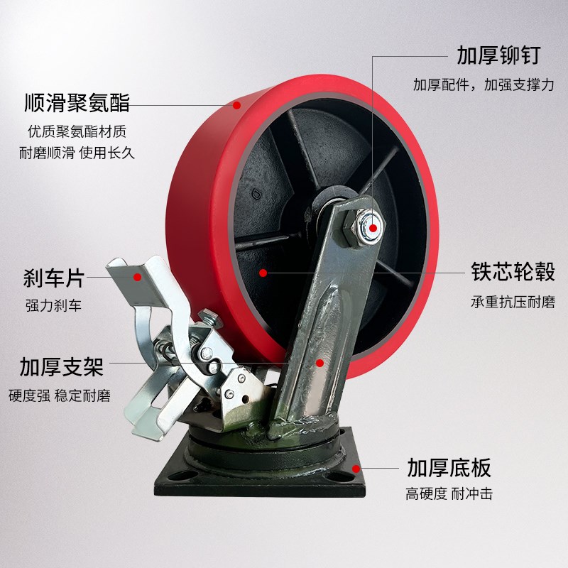 超重型铁芯聚氨酯脚轮载重2吨万向轮6寸8寸10寸12寸推车带刹车轮