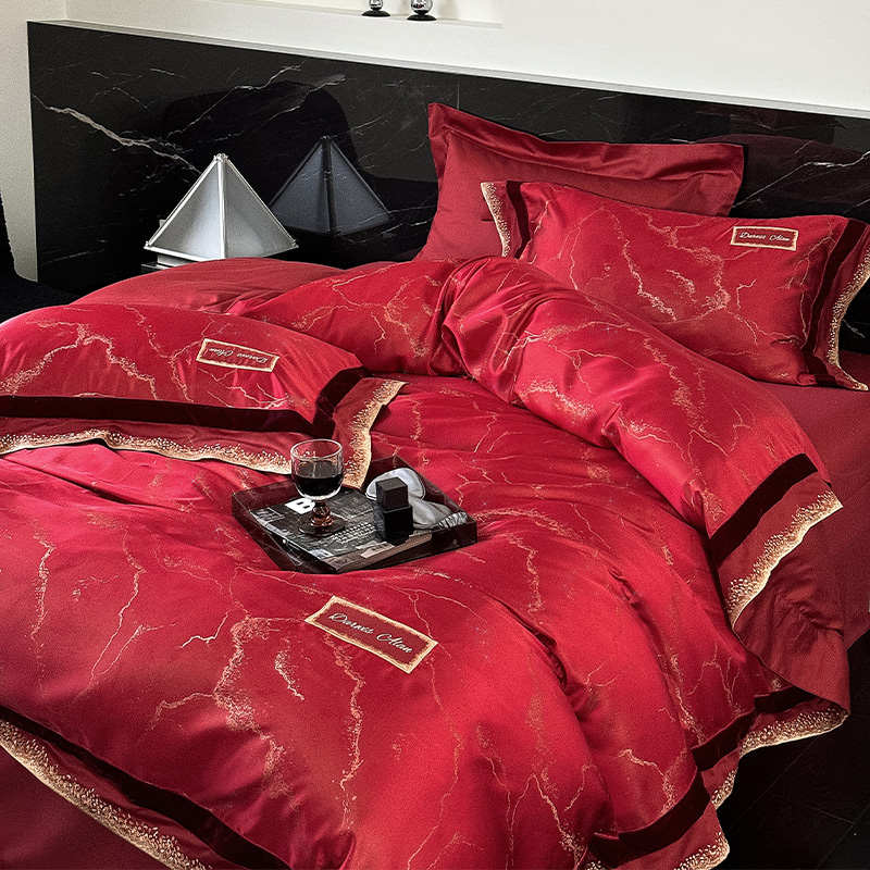 床单婚庆件套床上刺绣被套结婚品床轻提花100s奢四红色长绒棉鎏金