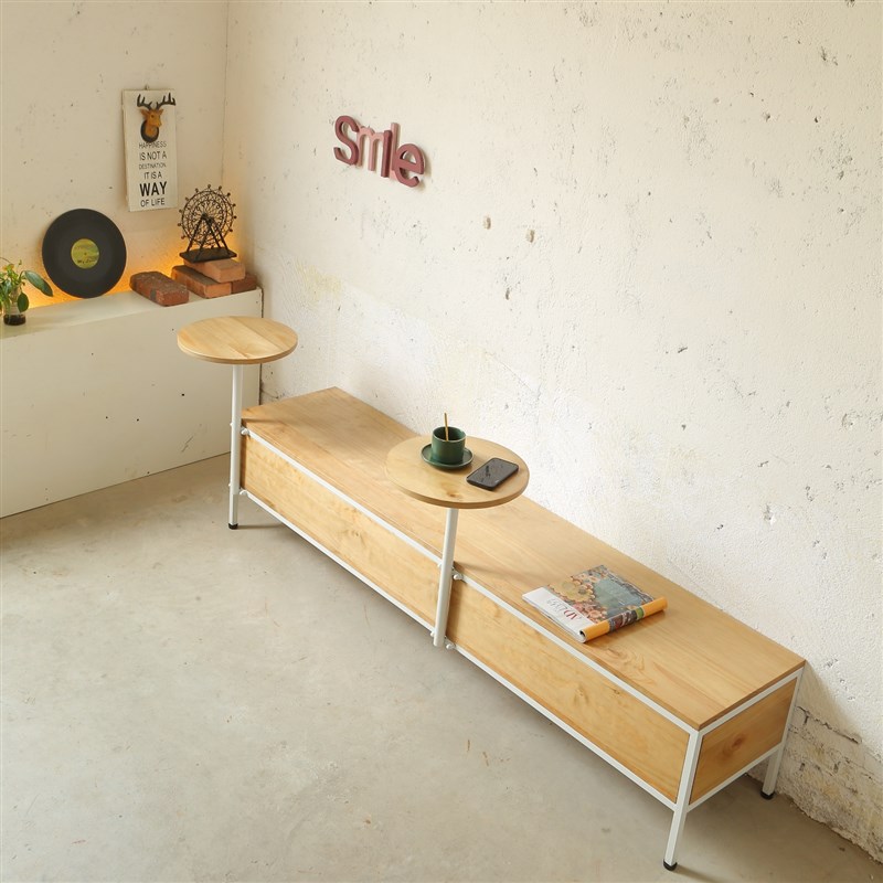 奶茶店桌椅组合咖啡m厅卡座原木风长条凳走廊过道长板凳休息等候