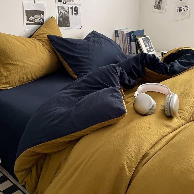 简约风纯色双拼四件套软糯床单床笠款床上被套单人学生宿舍三件套