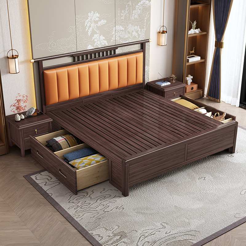 新中式乌金木实木床双人床现代简约家用主卧储物高箱婚床卧室大床
