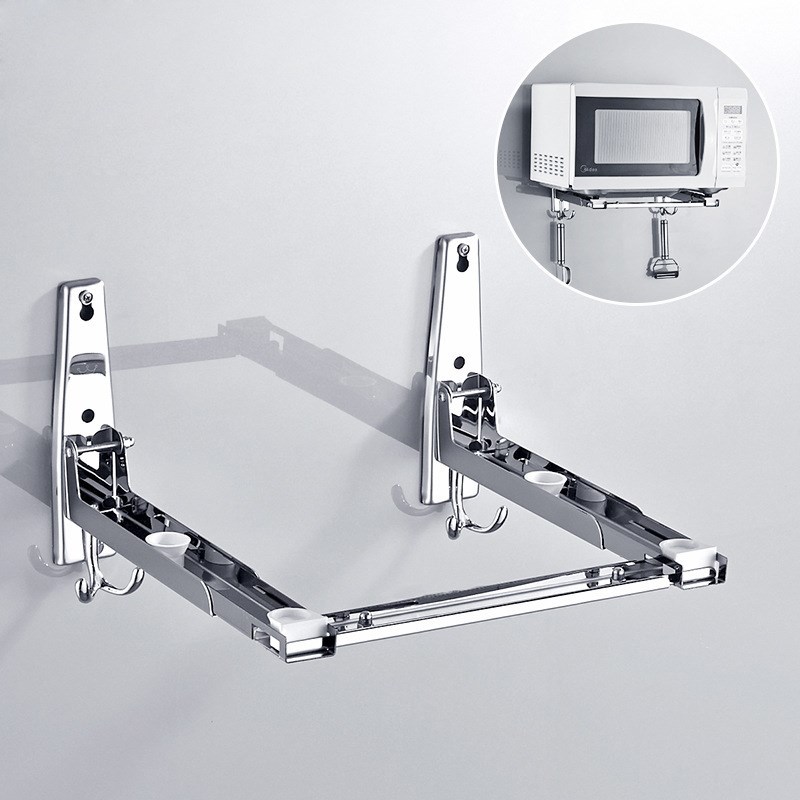 304不锈钢壁挂式微波炉置物架厨房多功能伸缩墙上悬空烤箱收纳架