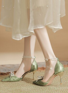 国风珍珠一字扣包头凉鞋女r夏2025新款中空尖头细跟高跟鞋大码414